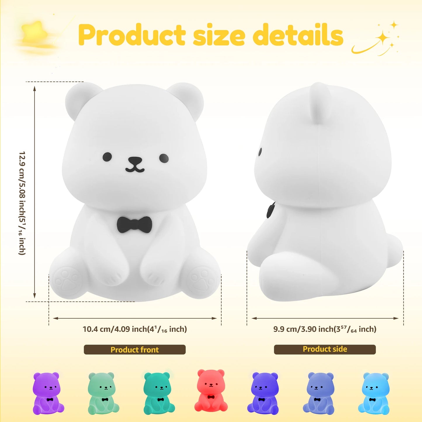 Lumibubs Bow Tie Bear Night Light — 7 Colour Touch Dimmable Silicone Lamp with 40Hr Battery
