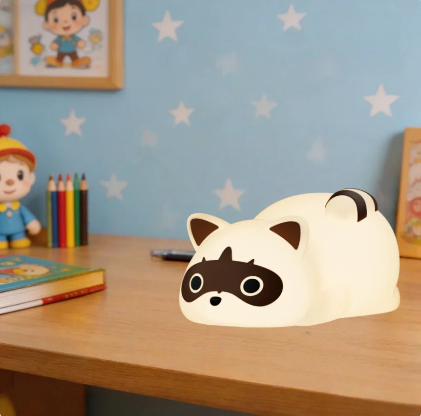 Lumibubs Sleepy Raccoon Night Light — 3-Level Touch Dimmable Rechargeable Silicone Lamp