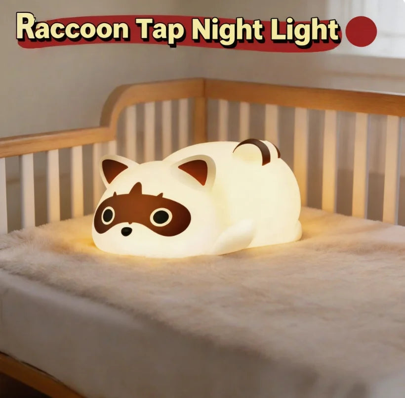 Lumibubs Sleepy Raccoon Night Light — 3-Level Touch Dimmable Rechargeable Silicone Lamp