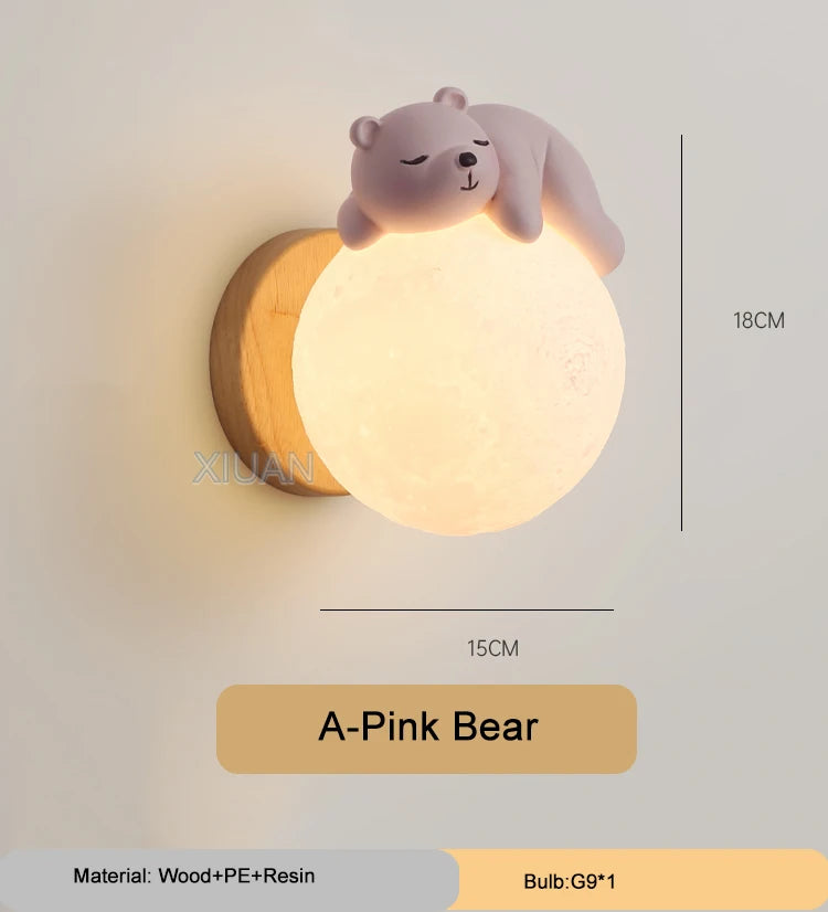 Lumibubs Sleeping Bear Moon Wall Lamp — Premium Resin & Wood Kids Bedroom Sconce
