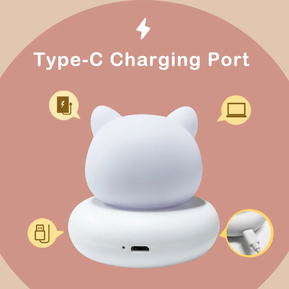 Lumibubs Kawaii Cat Night Light — 3-Level Dimmable Touch USB Rechargeable Silicone Kids Lamp