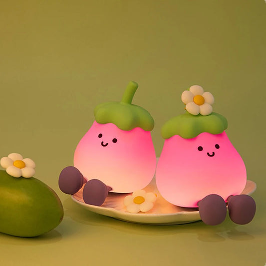 Lumibubs Happy Eggplant Night Light — 7 Colour Touch Dimmable Rechargeable Silicone Kids Lamp