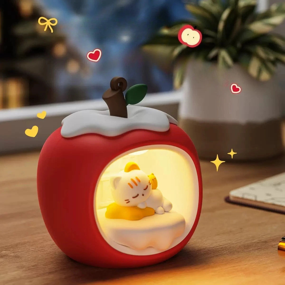 Lumibubs Sleepy Cat Apple House Night Light — Touch Control USB Rechargeable Atmosphere Lamp