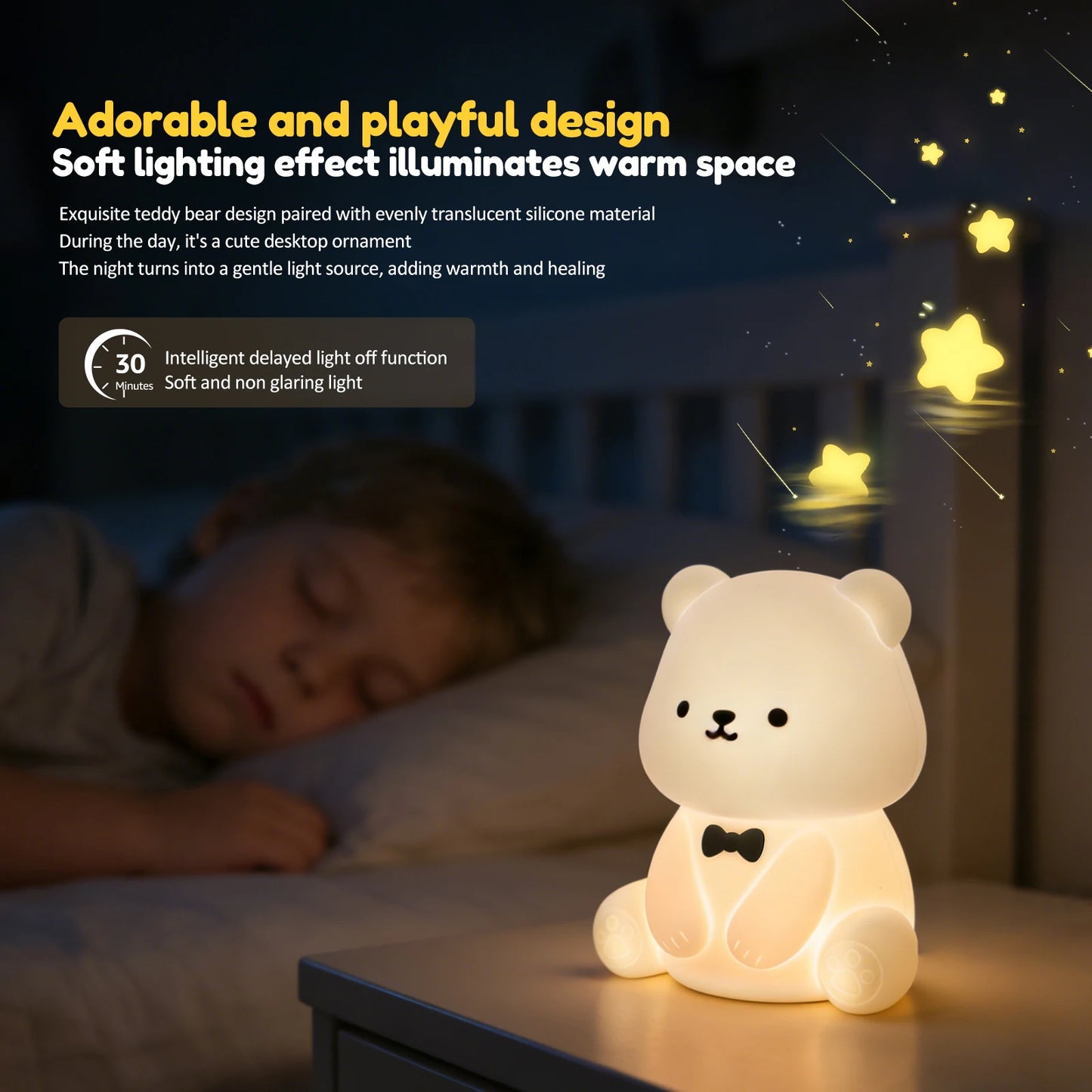 Lumibubs Bow Tie Bear Night Light — 7 Colour Touch Dimmable Silicone Lamp with 40Hr Battery