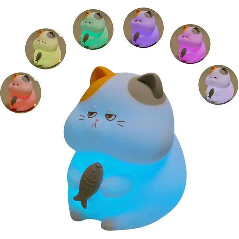 Lumibubs Grumpy Fish Cat Night Light — 7 Colour Pat Control Rechargeable Silicone Kids Lamp