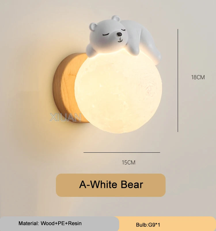 Lumibubs Sleeping Bear Moon Wall Lamp — Premium Resin & Wood Kids Bedroom Sconce