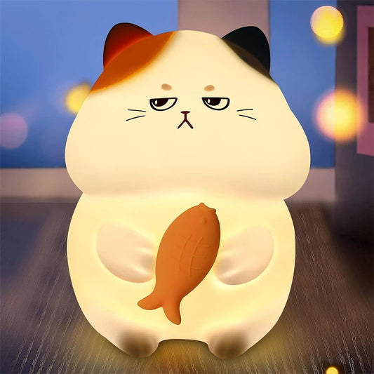 Lumibubs Grumpy Fish Cat Night Light — 7 Colour Pat Control Rechargeable Silicone Kids Lamp