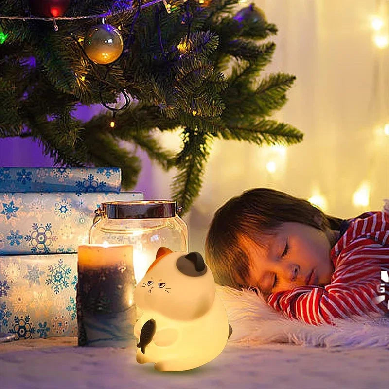 Lumibubs Grumpy Fish Cat Night Light — 7 Colour Pat Control Rechargeable Silicone Kids Lamp