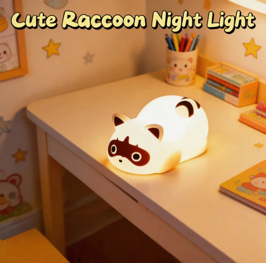 Lumibubs Sleepy Raccoon Night Light — 3-Level Touch Dimmable Rechargeable Silicone Lamp