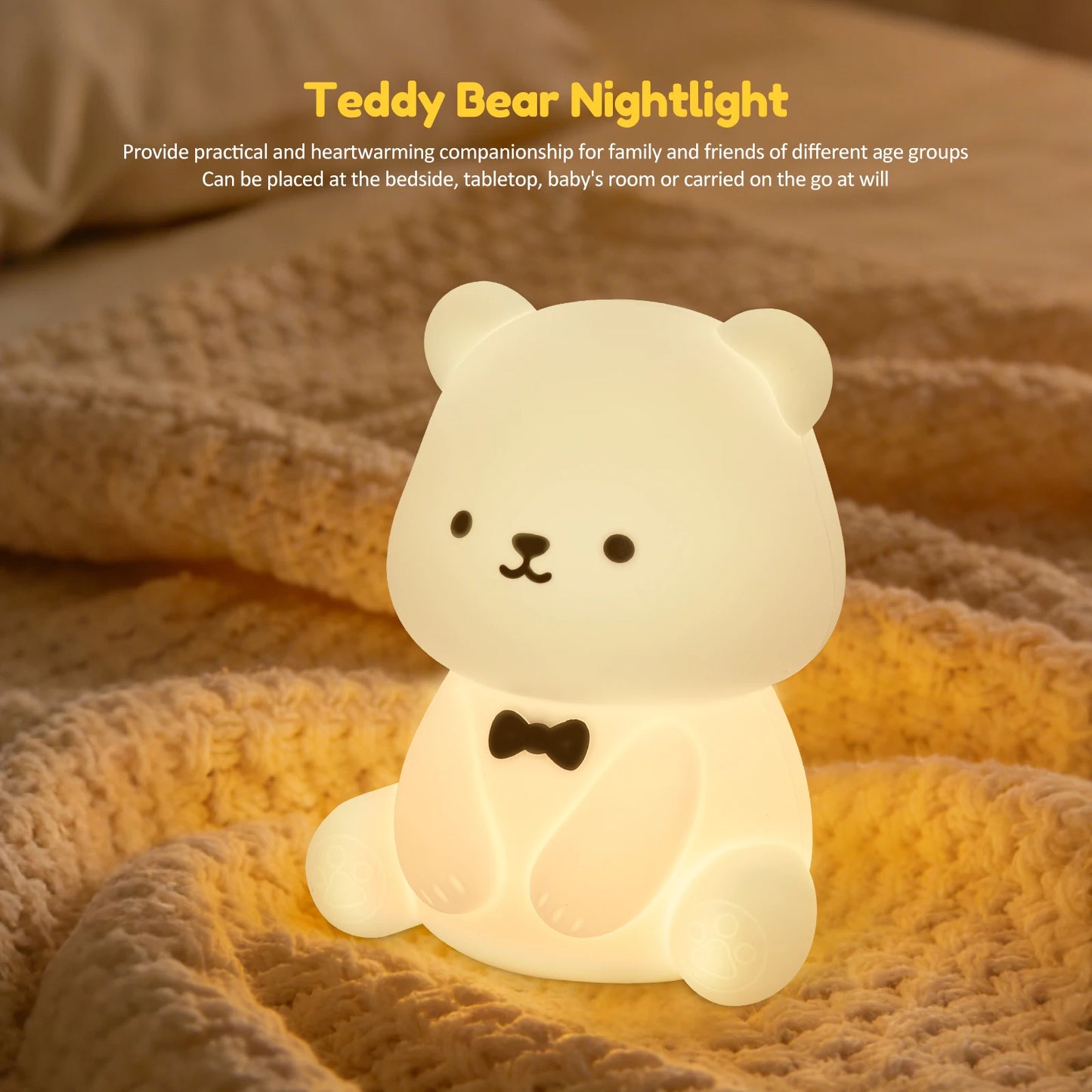 Lumibubs Bow Tie Bear Night Light — 7 Colour Touch Dimmable Silicone Lamp with 40Hr Battery