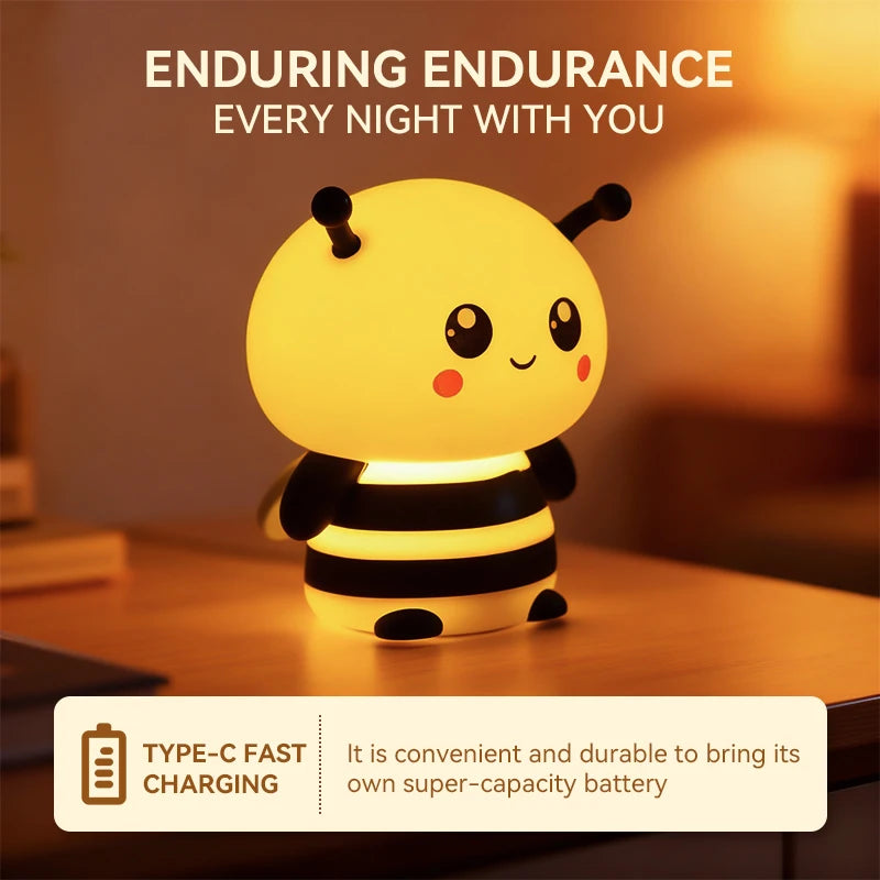 Lumibubs Happy Bee Night Light — Touch Dimmable Rechargeable Silicone Bedside Lamp for Kids