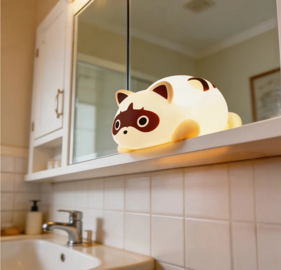Lumibubs Sleepy Raccoon Night Light — 3-Level Touch Dimmable Rechargeable Silicone Lamp