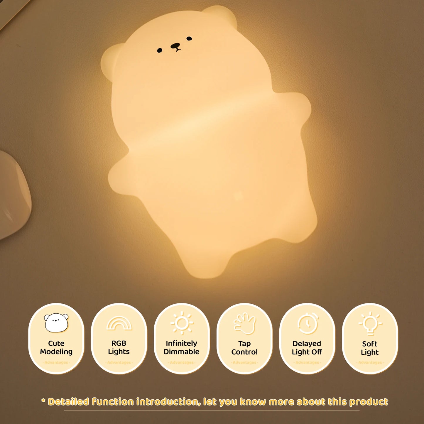 Lumibubs Lazy Bear Silicone Night Light — Touch Tap Rechargeable Atmosphere Lamp for Kids