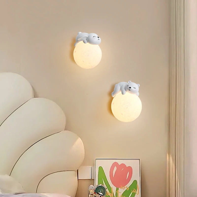 Lumibubs Sleeping Bear Moon Wall Lamp — Premium Resin & Wood Kids Bedroom Sconce