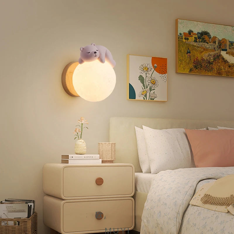 Lumibubs Sleeping Bear Moon Wall Lamp — Premium Resin & Wood Kids Bedroom Sconce