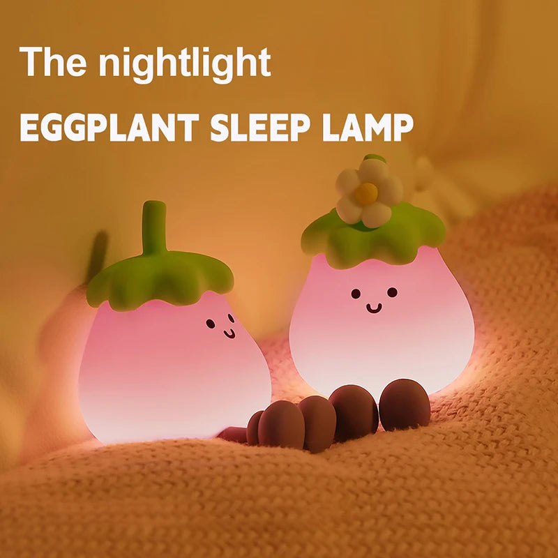 Lumibubs Happy Eggplant Night Light — 7 Colour Touch Dimmable Rechargeable Silicone Kids Lamp