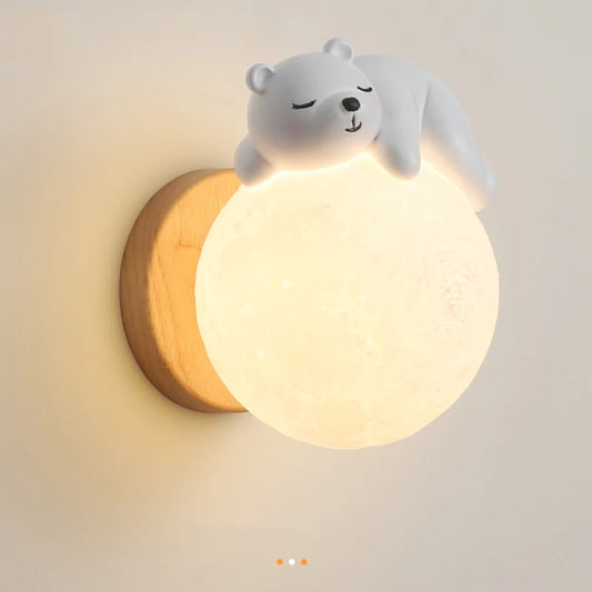 Lumibubs Sleeping Bear Moon Wall Lamp — Premium Resin & Wood Kids Bedroom Sconce