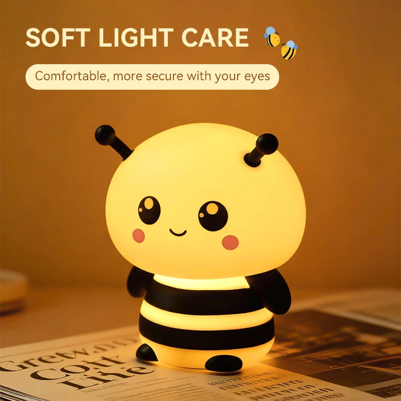 Lumibubs Happy Bee Night Light — Touch Dimmable Rechargeable Silicone Bedside Lamp for Kids