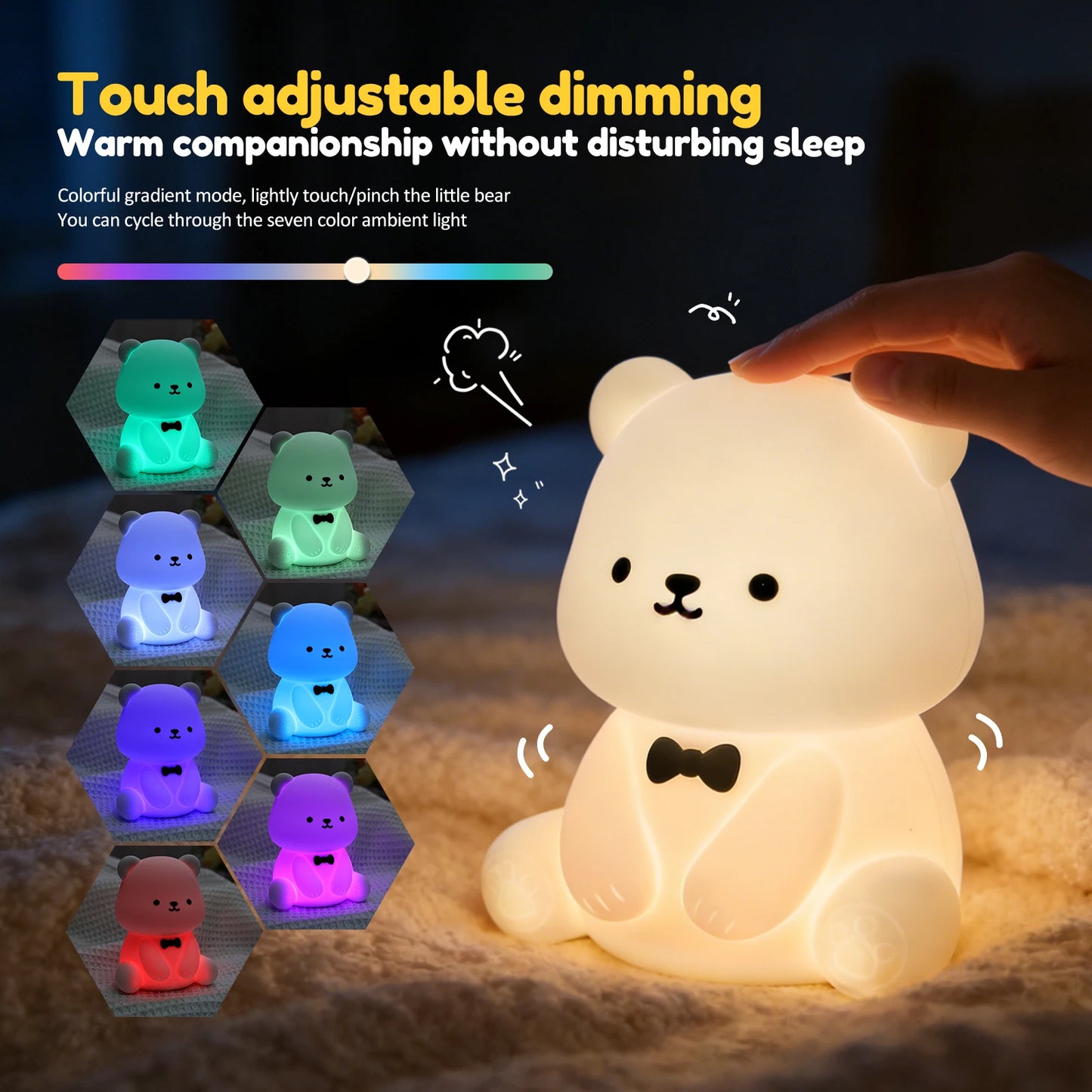 Lumibubs Bow Tie Bear Night Light — 7 Colour Touch Dimmable Silicone Lamp with 40Hr Battery