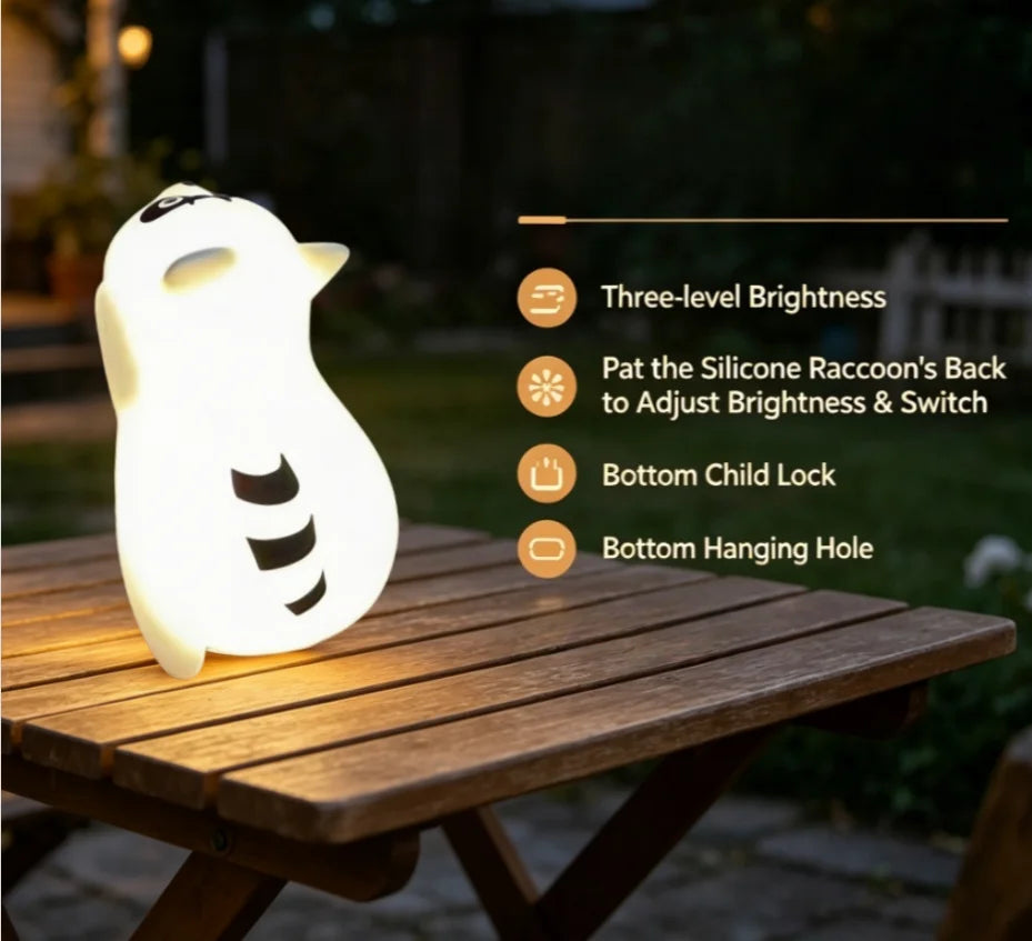 Lumibubs Sleepy Raccoon Night Light — 3-Level Touch Dimmable Rechargeable Silicone Lamp
