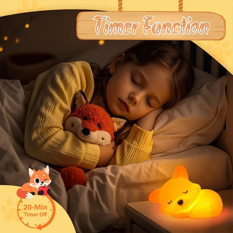 Lumibubs Sleeping Fox Night Light — Tap Control Dimmable Rechargeable Silicone Lamp for Kids