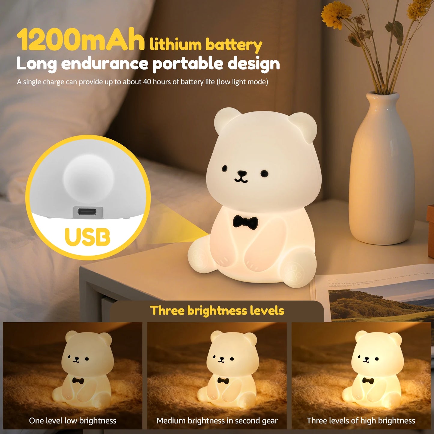 Lumibubs Bow Tie Bear Night Light — 7 Colour Touch Dimmable Silicone Lamp with 40Hr Battery