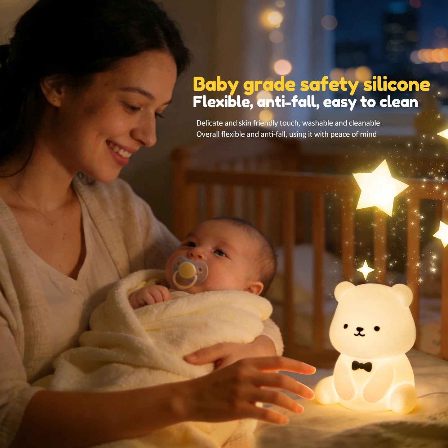 Lumibubs Bow Tie Bear Night Light — 7 Colour Touch Dimmable Silicone Lamp with 40Hr Battery