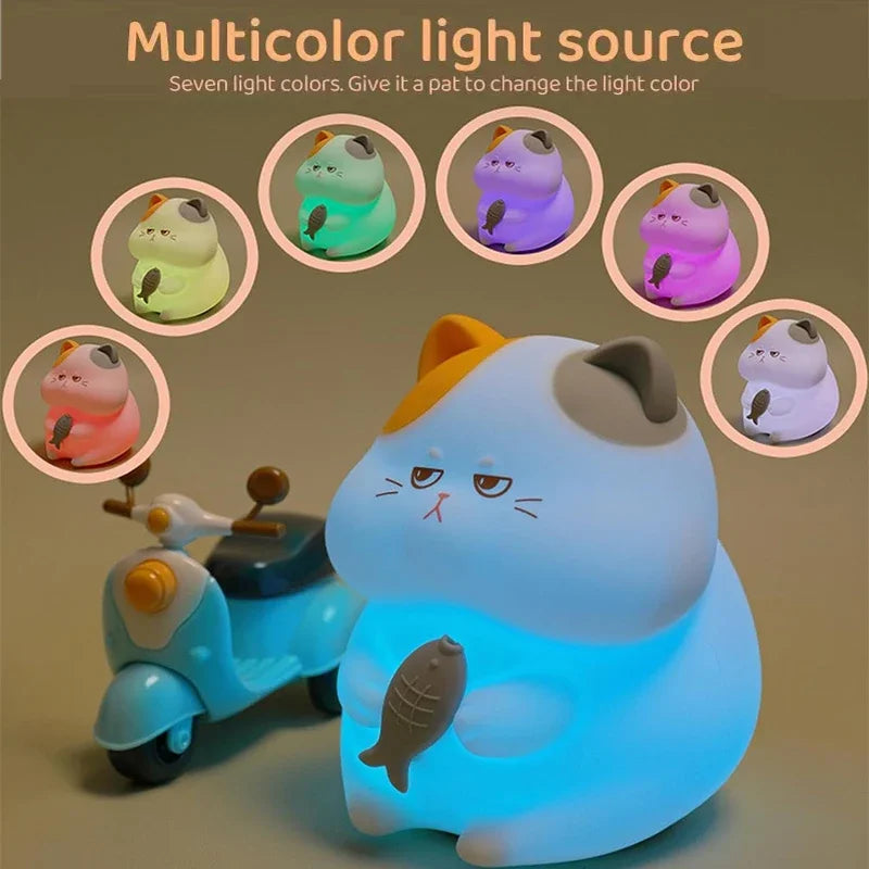 Lumibubs Grumpy Fish Cat Night Light — 7 Colour Pat Control Rechargeable Silicone Kids Lamp