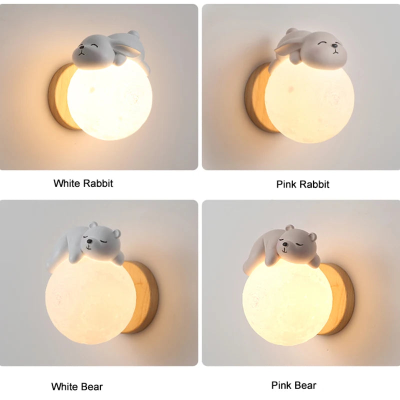 Lumibubs Sleeping Bear Moon Wall Lamp — Premium Resin & Wood Kids Bedroom Sconce