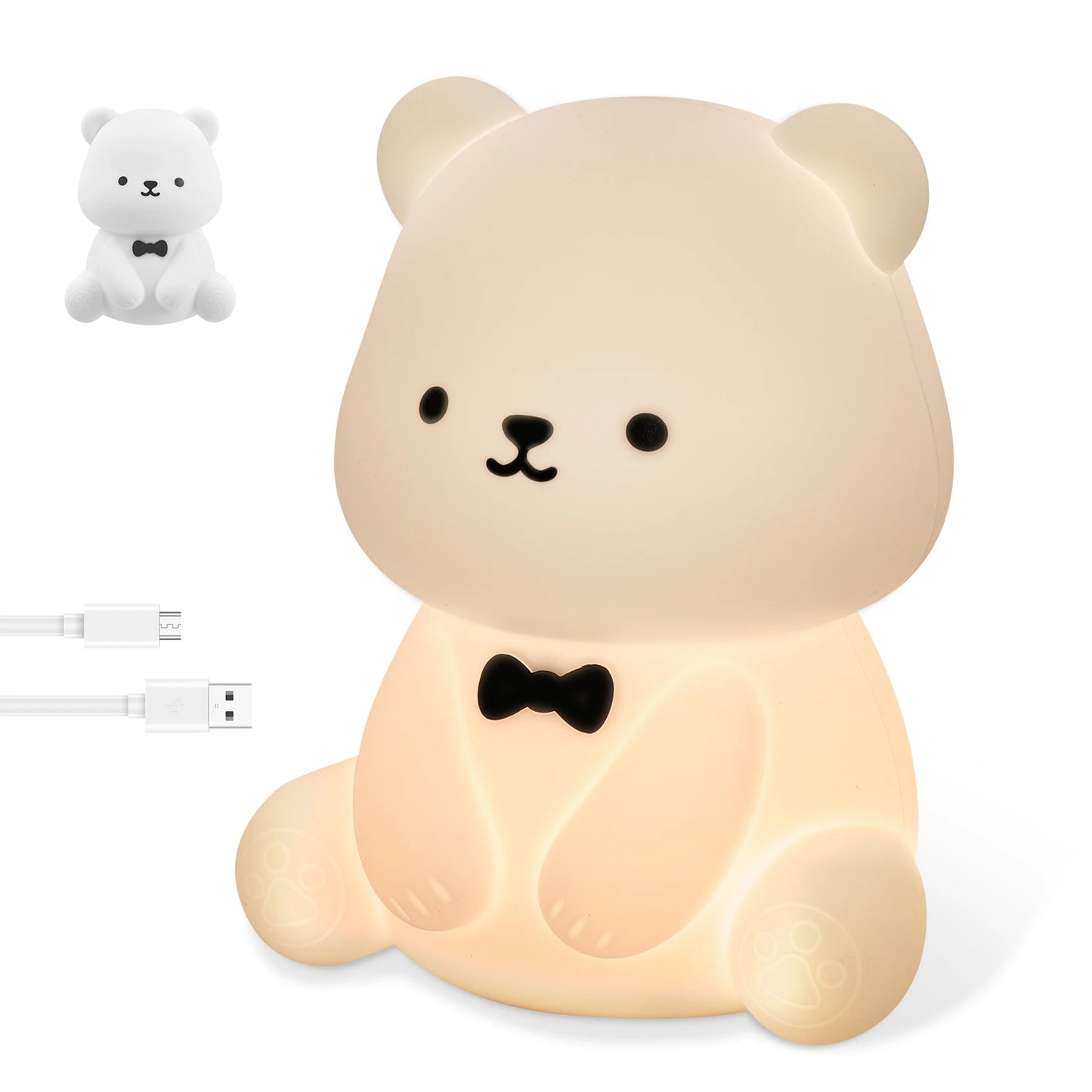 Lumibubs Bow Tie Bear Night Light — 7 Colour Touch Dimmable Silicone Lamp with 40Hr Battery